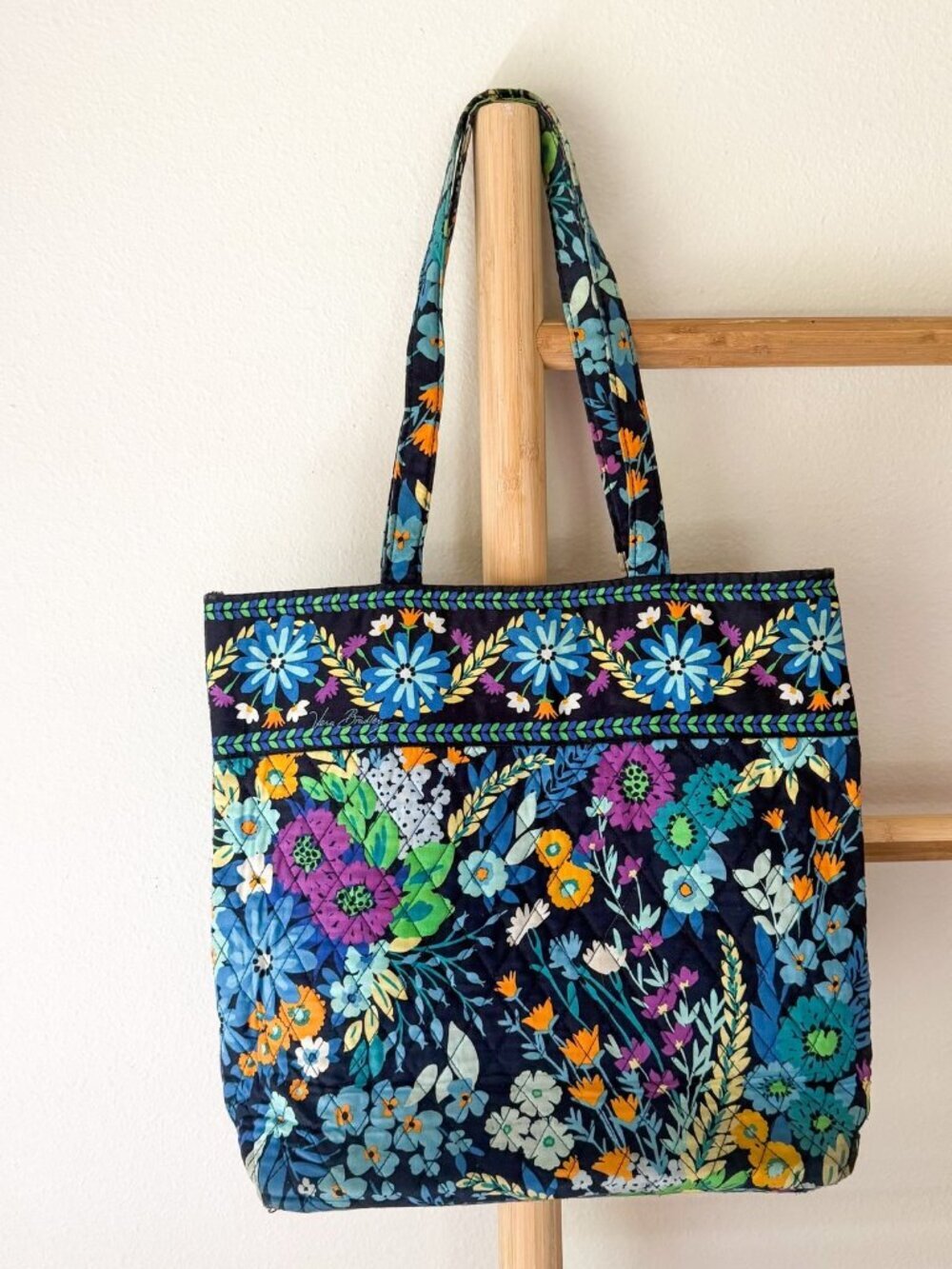 Vera Bradley Blue Floral Quilted Tote Bag Large Shoulder Travel Purse